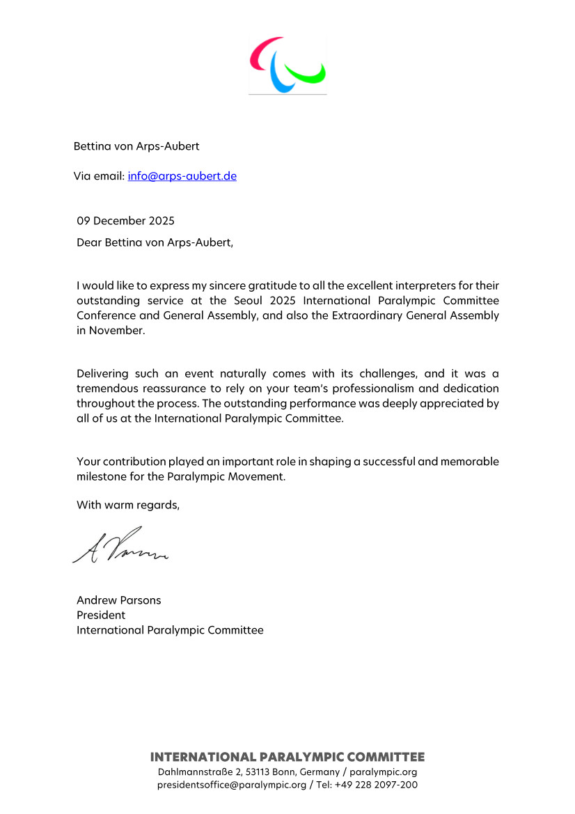 Dankesbrief 2025 des IPC an Dolmetscher aus Berlin 